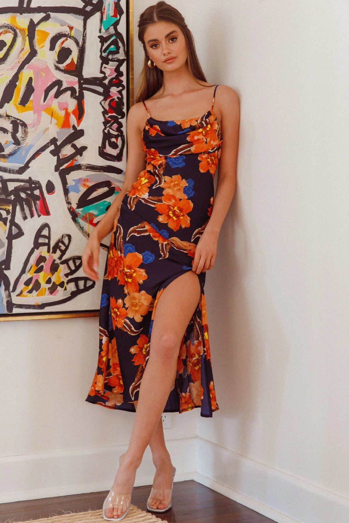 Well Versed Pleated Bust Front Split Dress Flower Orange