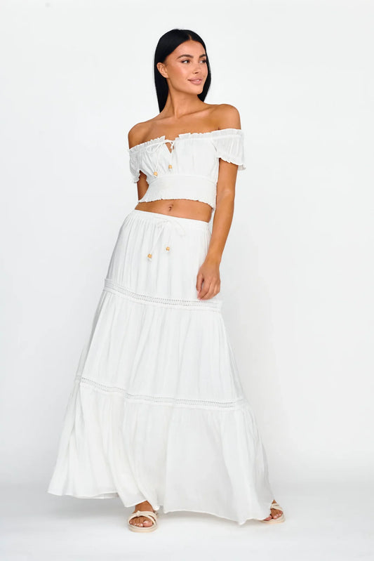 Canyon Cove Crochet Trim Maxi Skirt White