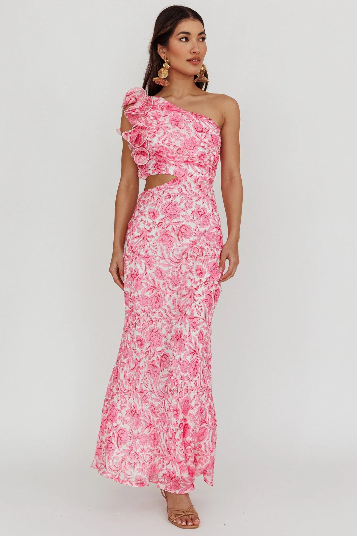 Deanna One-Shoulder Ruffle Midi Dress Floral Pink