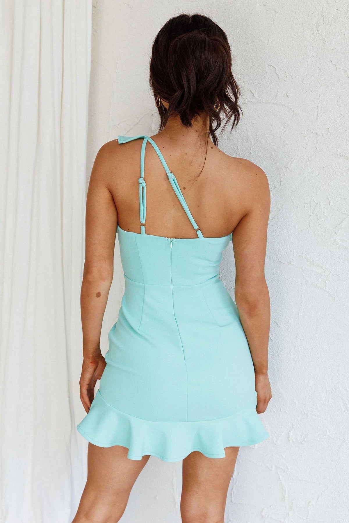 Over The Rainbow One-Shoulder Ruffle Trimmed Mini Dress Mint