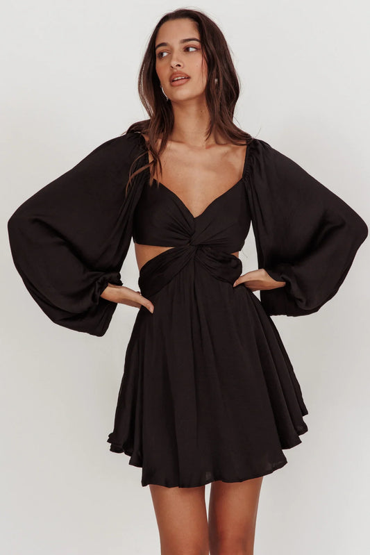 Miraya Balloon Sleeve Twist Mini Dress Black