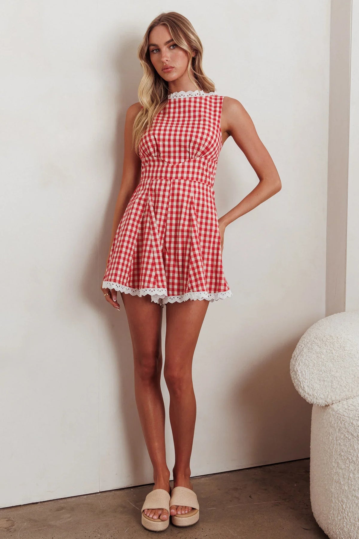 Loving Me Sleeveless Romper Gingham Red