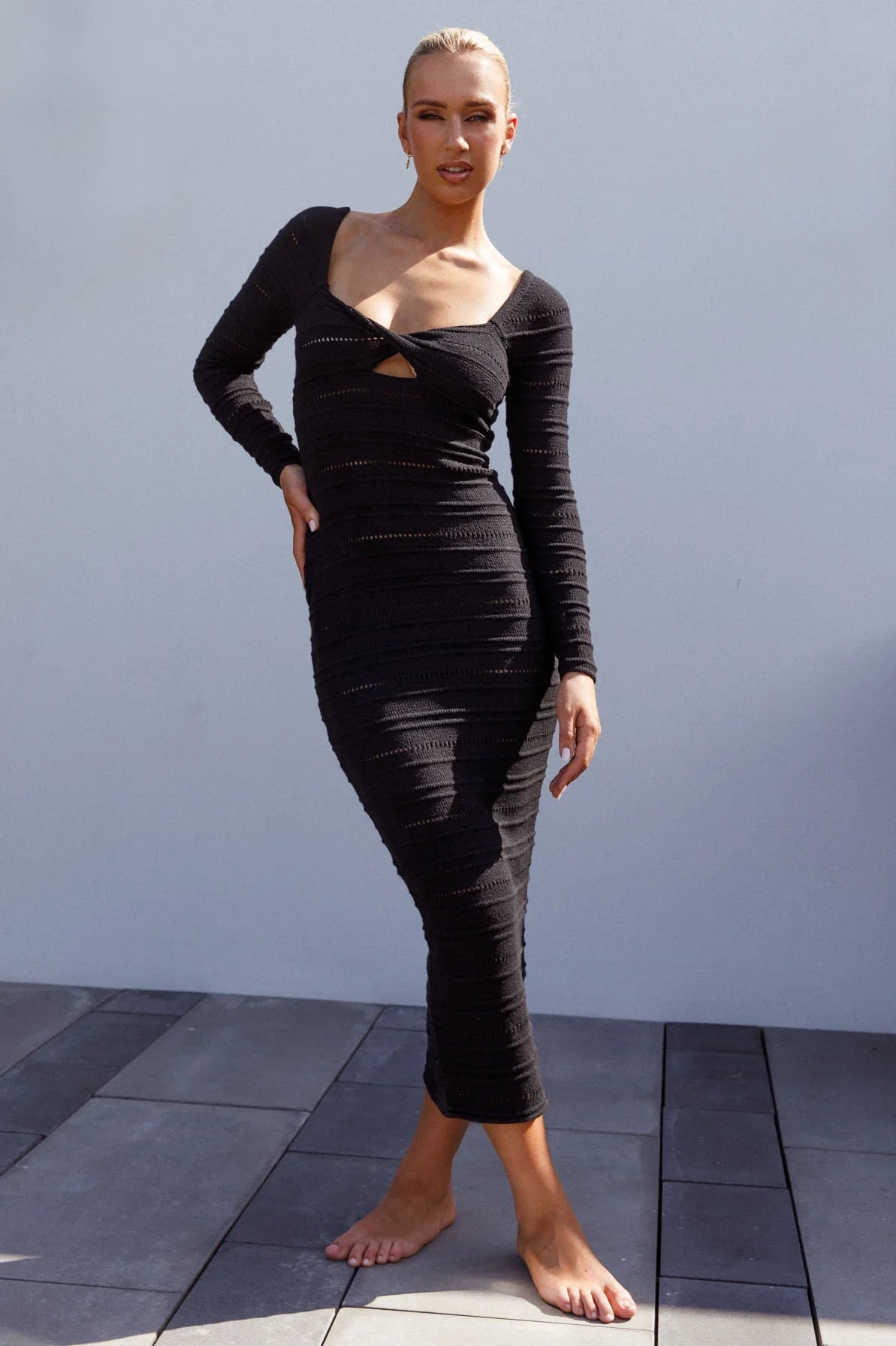 Beachside Crochet Knit Long Sleeve Midi Dress Black