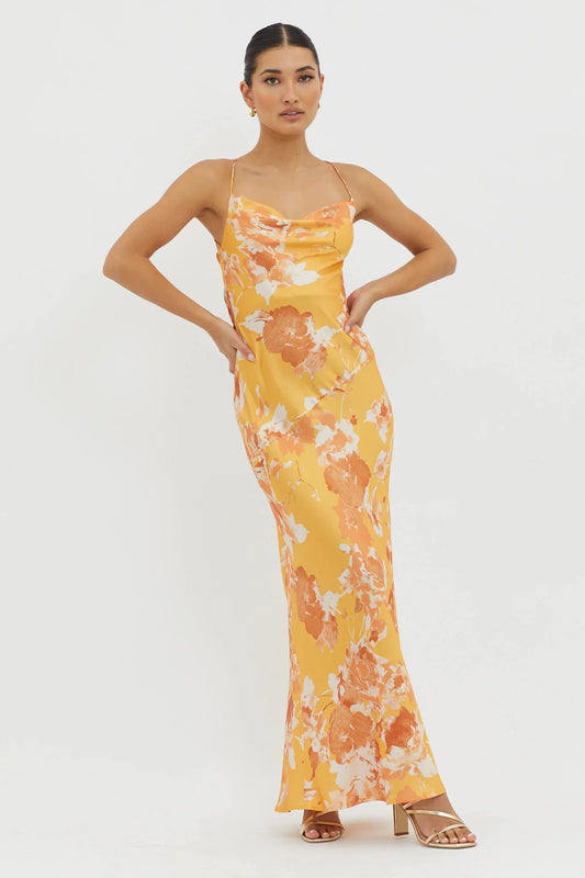 Dream Walk Cowl Back Tied Dress Print Orange