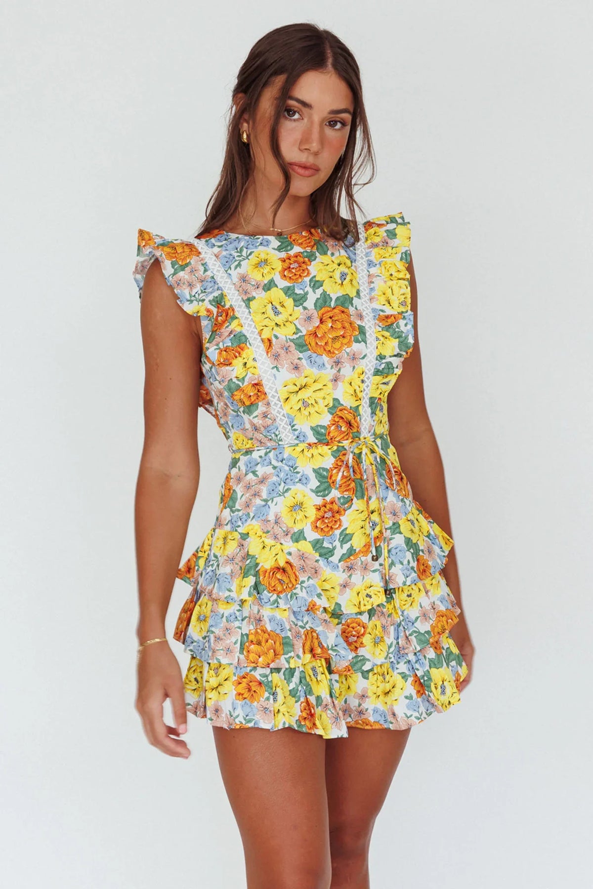 Weekend Muse Sleeveless Layered Frill Romper Yellow Floral