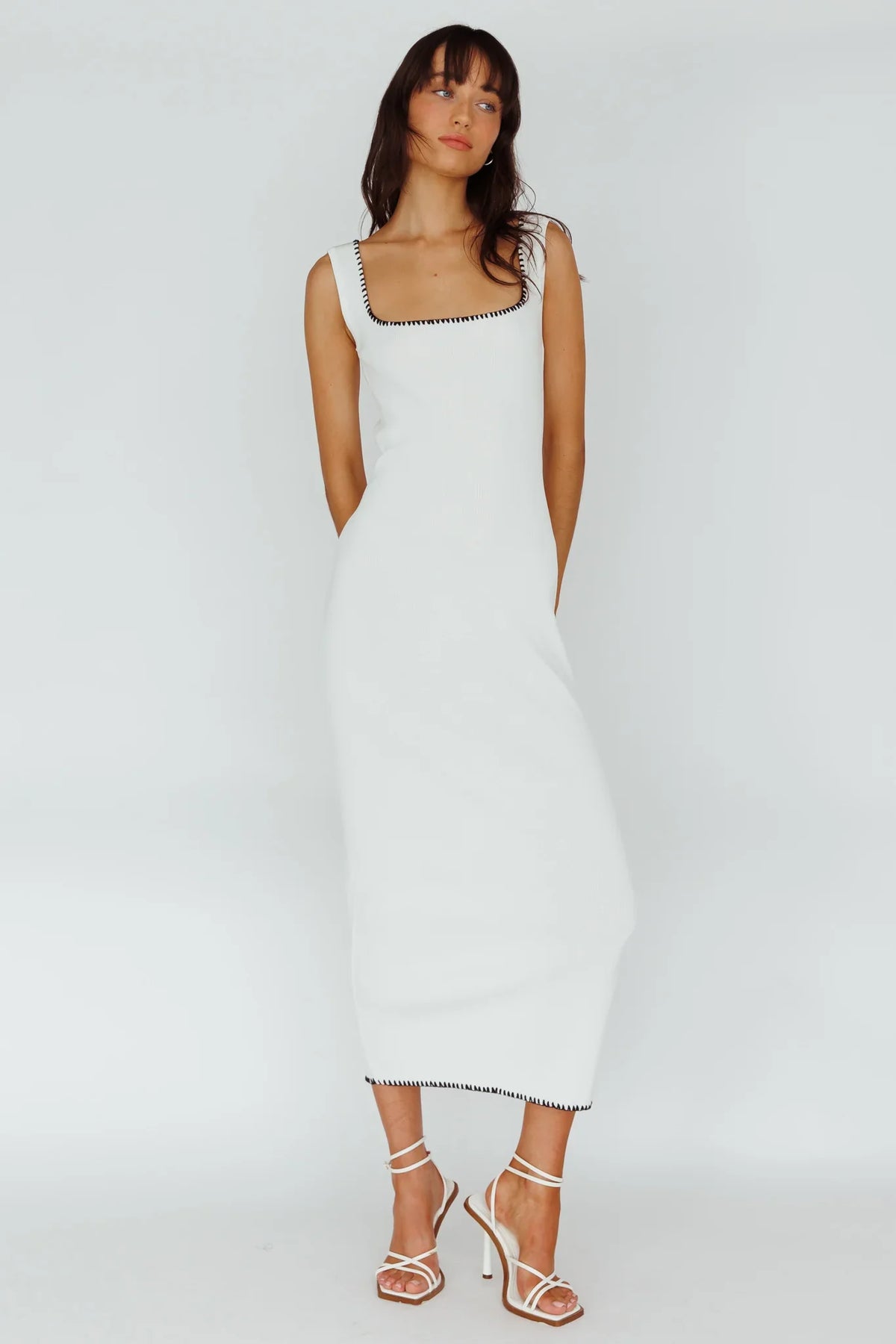 North Shore Blanket Stitch Knit Maxi Dress White