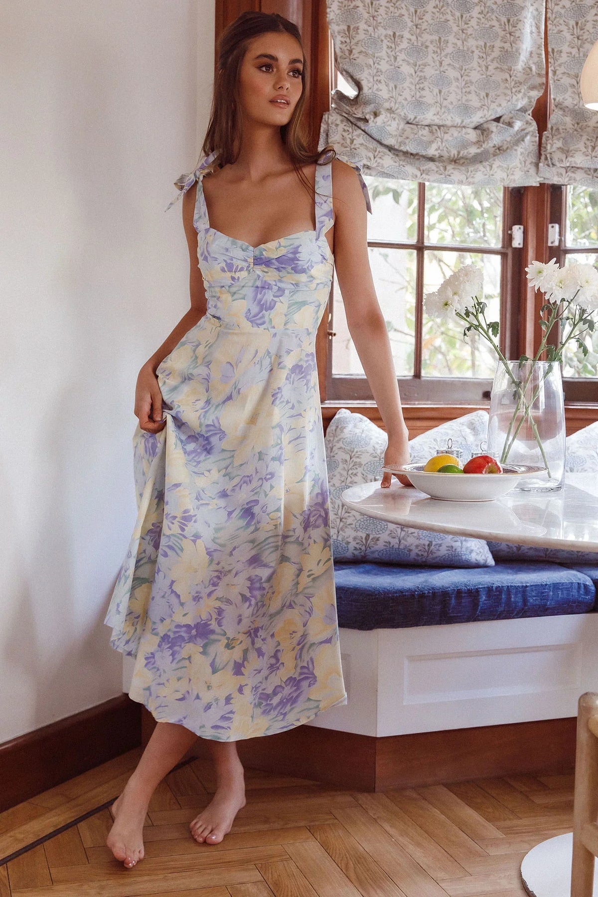 Sweet Pea Tied Shoulder Midi Dress Floral Purple