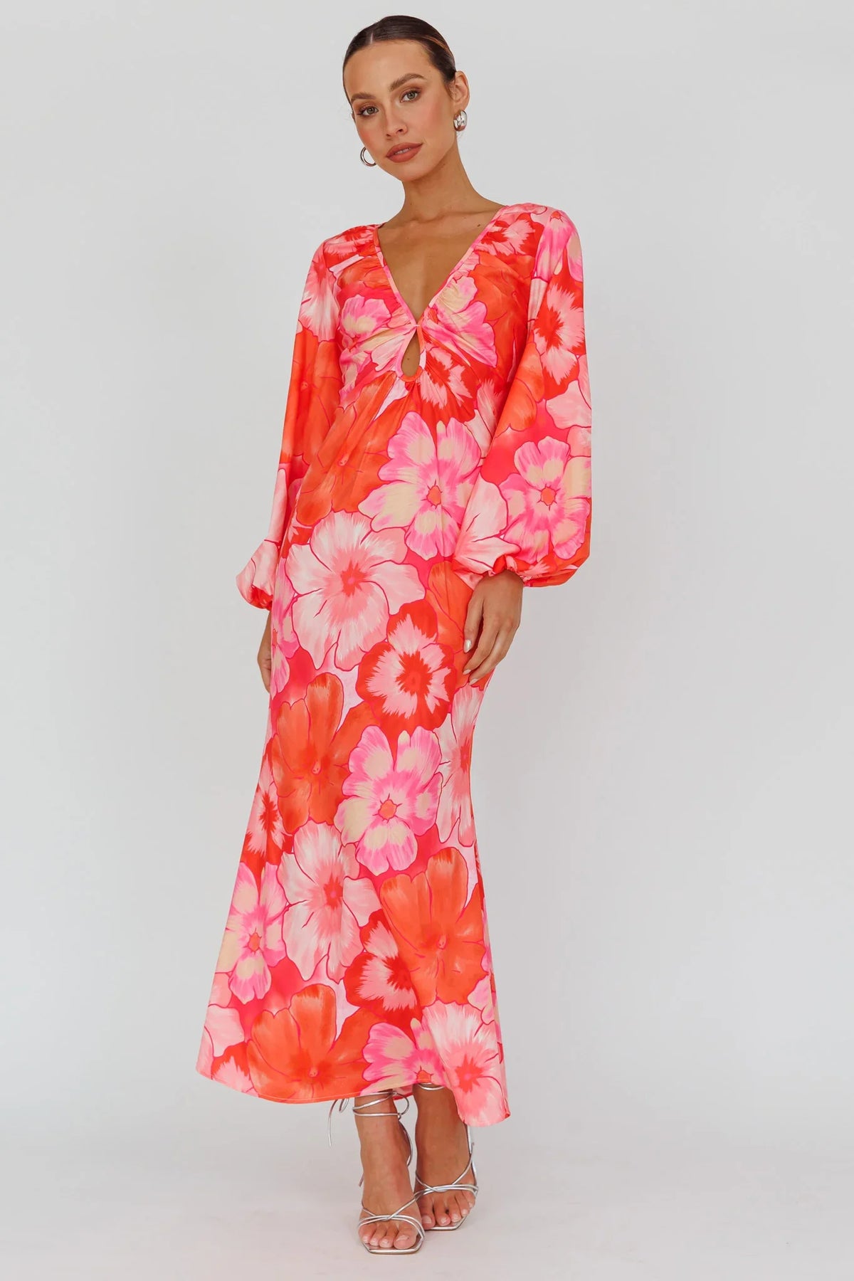 Yessica Balloon Sleeve Midi Dress Floral Pink
