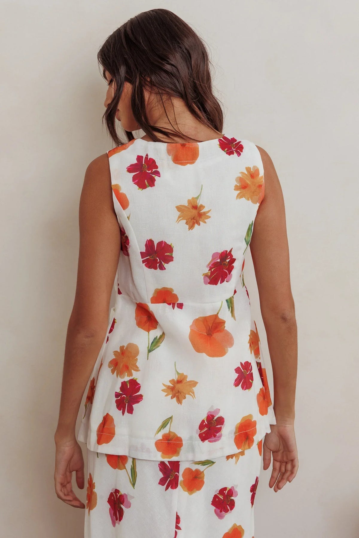 Philomena Button Front Pocket Vest Top Floral Orange Multi