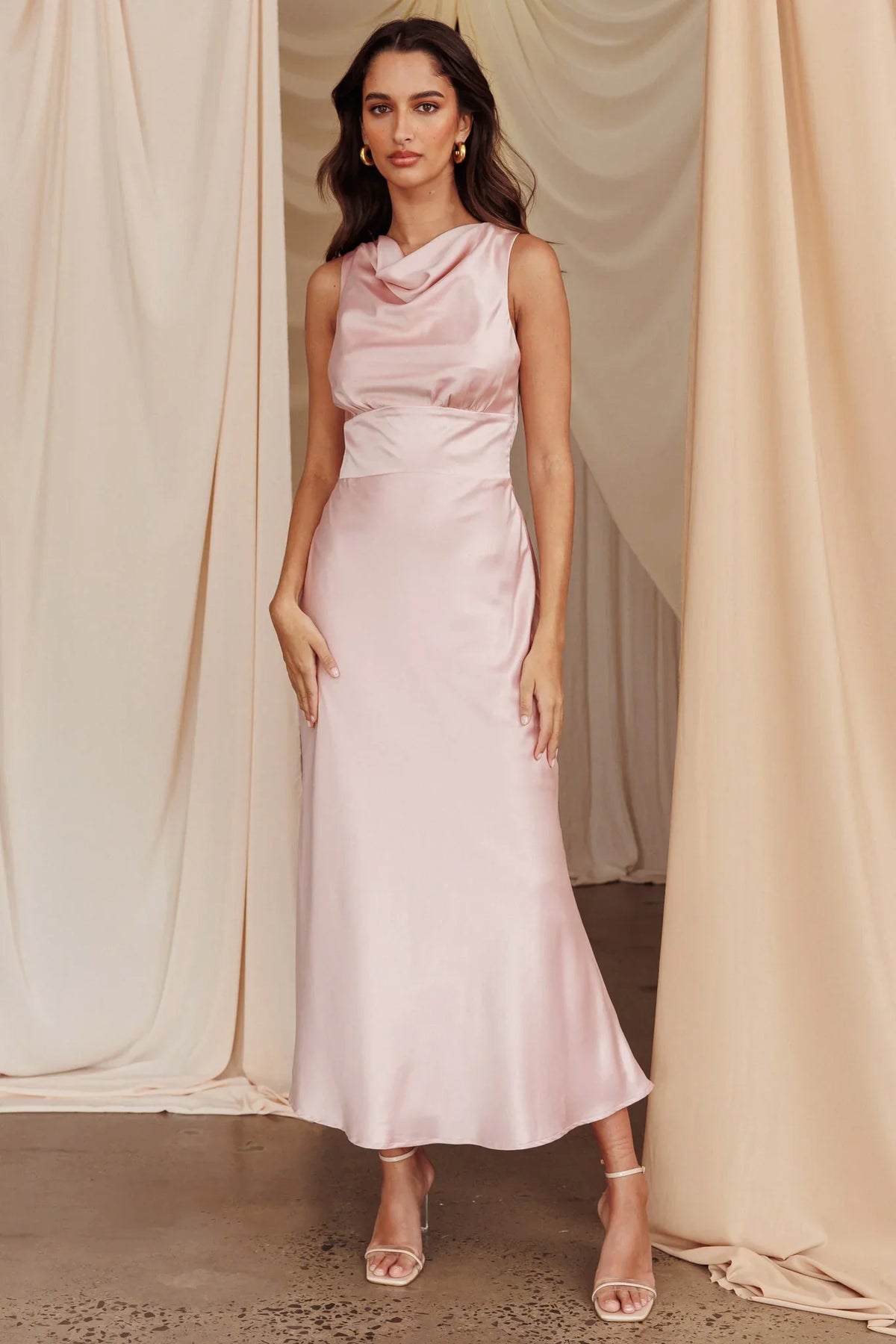 Fluttering Hearts Cowl Neck Sleeveless Midi Dress Blush