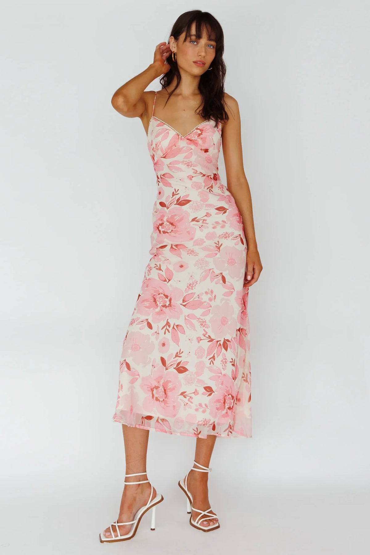 Egypt Cami Strap Midi Dress Floral Pink