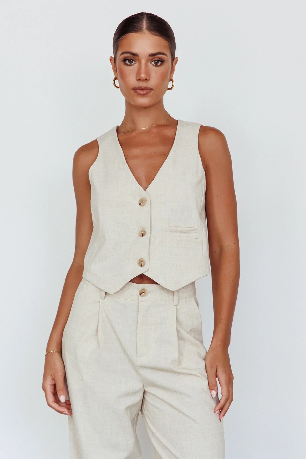 Times Square Buttoned Waistcoat Top Natural