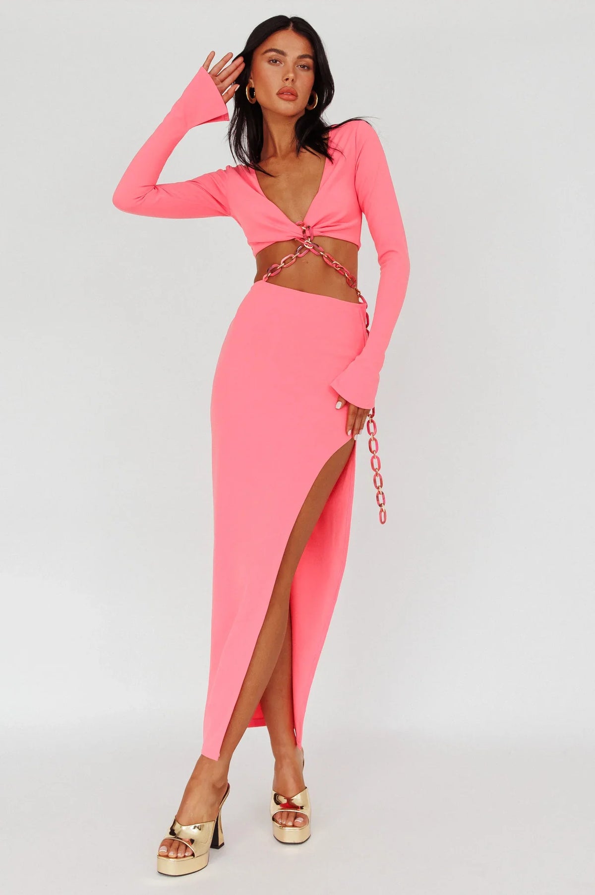Sigournie Long Sleeve Chain Midi Dress Pink
