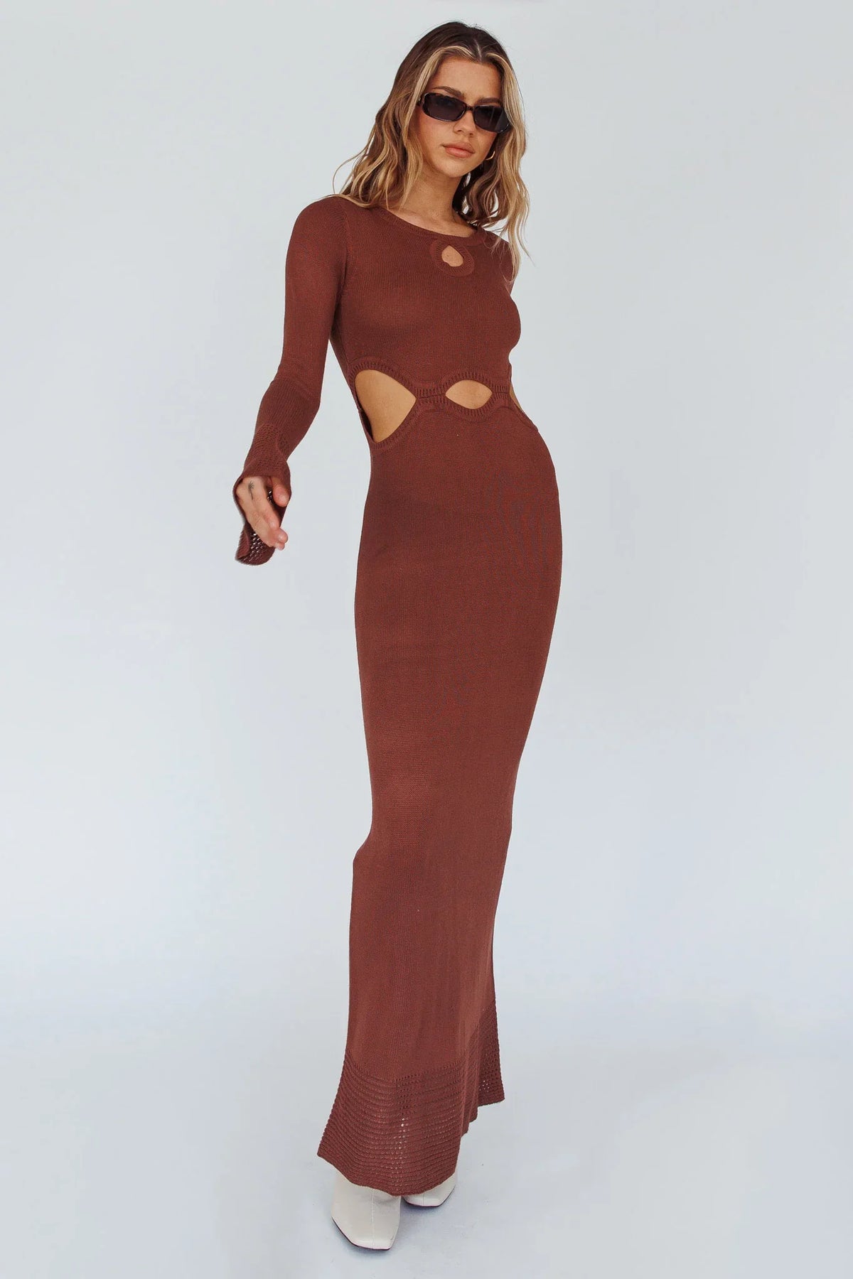 Long Sleeve Cut-Out Knit Maxi Dress Coffee