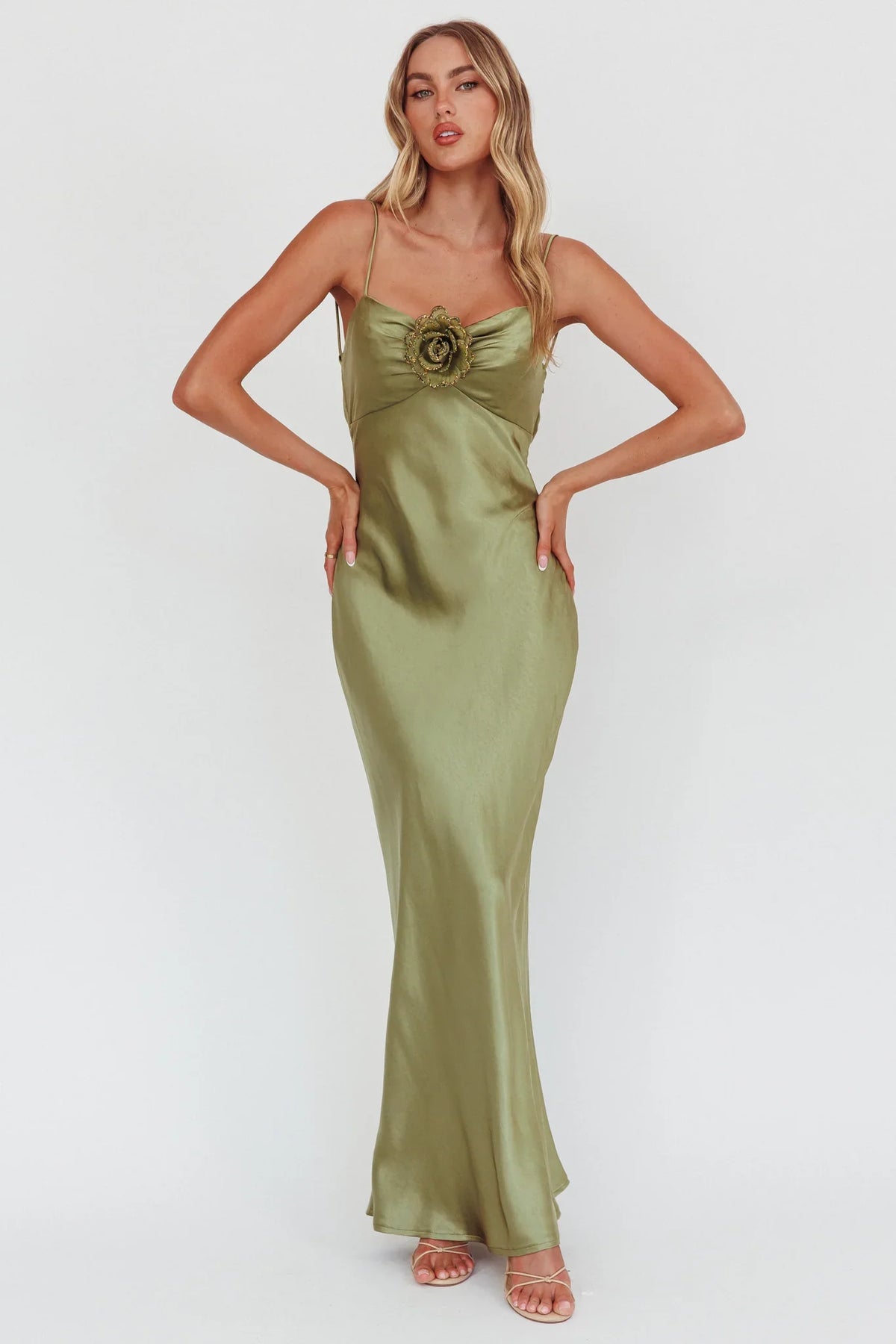 High Roller Cowl Back Rosette Maxi Dress Olive