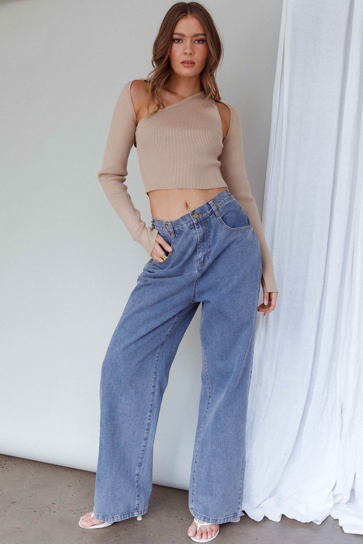 Holland One Shoulder Knit Top & Long Sleeve Shrug Latte